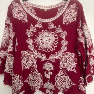 Embroidered Burgundy Women's Top blouse peasant Solitaire 3/4 sleeves boho M